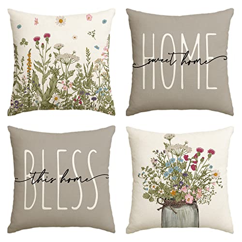 AVOIN colorlife Spring Wildflowers 18x18 Inch Set of 4 Seasonal Throw Pillow Covers