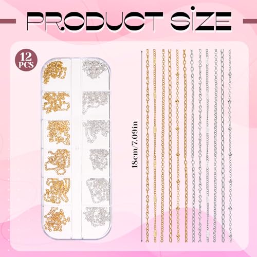 Macuezu Metal Nail Chains 12-Strip Set - 3D Gold & Silver Punk Charms