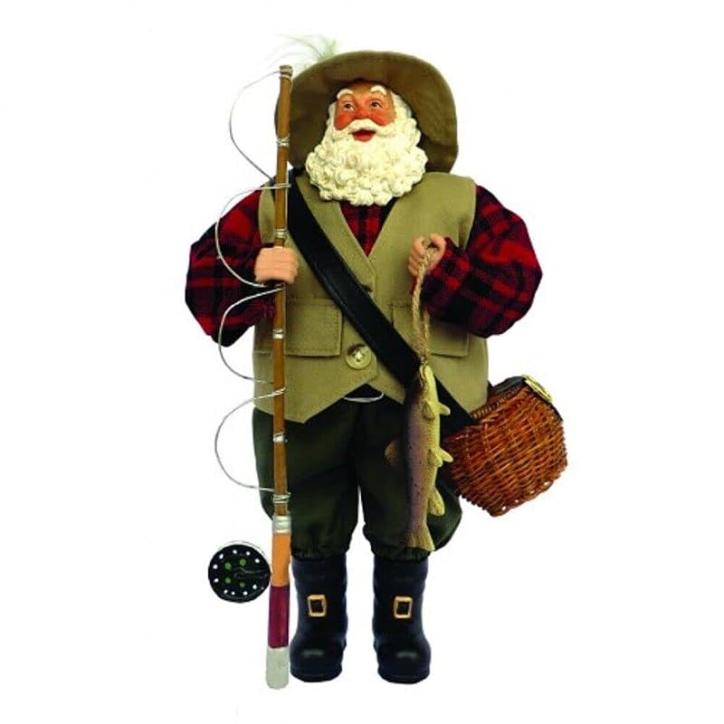 Fly Fishing Santa Figurine with Rod and Fish - 12 Inch Christmas Decoration