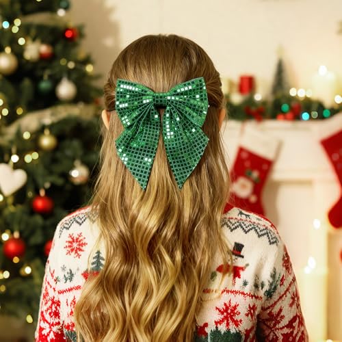 XIELIME Large 14-Inch Sequin Cheer Bow - Green Glitter Hair Clip with Alligator Clip for Cheerleaders and Sports