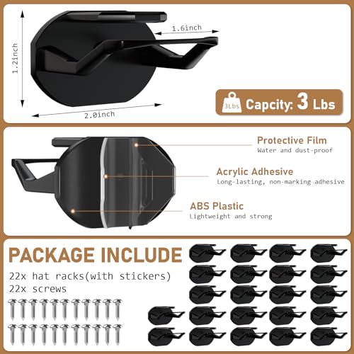 22 Pack Adhesive Hat Hooks for Wall - Strong Baseball Cap Rack, Black