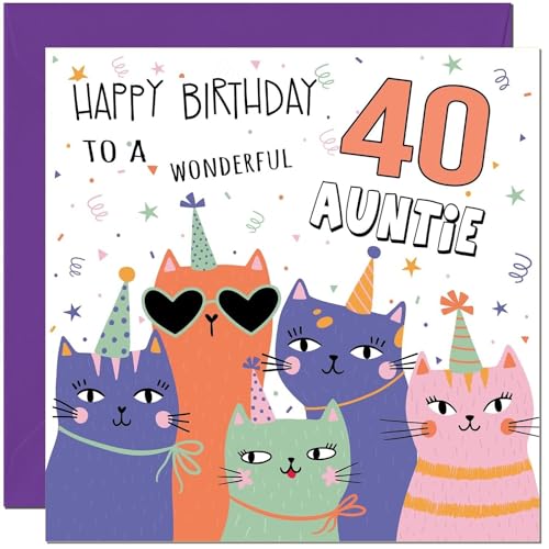 Cute Cat Auntie Birthday Card for 40th Birthday - Eco-Friendly