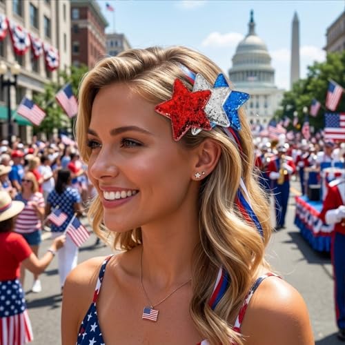 Patriotic Star Hair Clips Set 4 Pcs Red White Blue Glitter Hair Pins