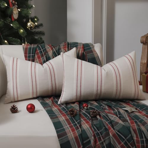 Hckot Christmas Red Throw Pillow Covers 12x20 Inches Set of 2 Linen Lumbar Decor
