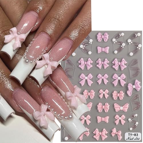 5D Embossed Pink Bow Nail Stickers Kawaii Japanese Style Decals