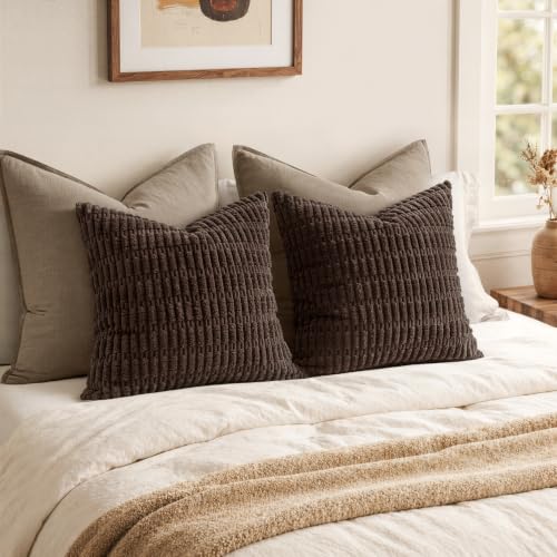 MIULEE Corduroy Throw Pillow Covers 18x18 Inch, Dark Brown Set of 2
