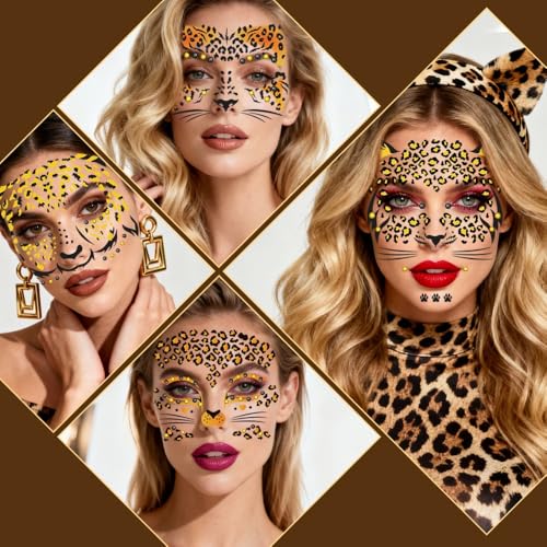 Leopard Print Temporary Face Tattoos with Gems 6 Sheets