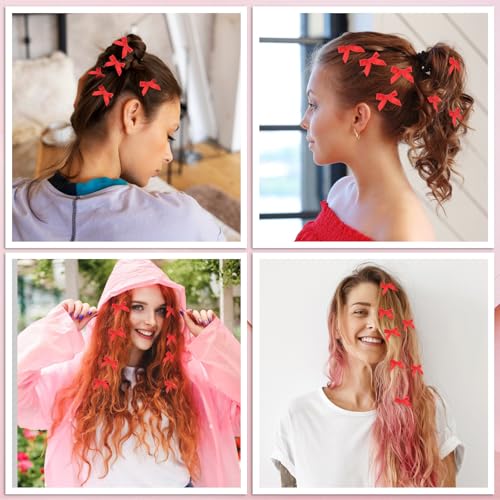 COMNICO 20PCS Mini Bow Hair Clips Satin Metal Barrettes Red
