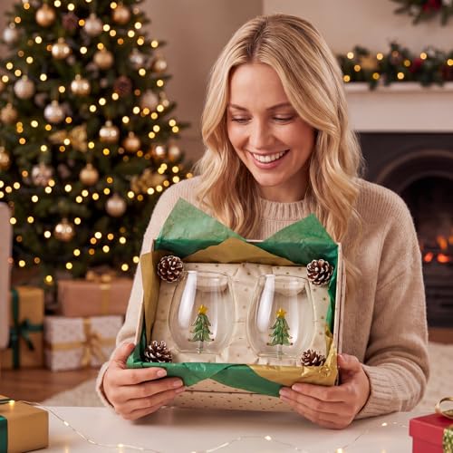 Christmas Tree Stemless Wine Glasses - 3D Tree Inside, Set of 2 - Holiday Decor