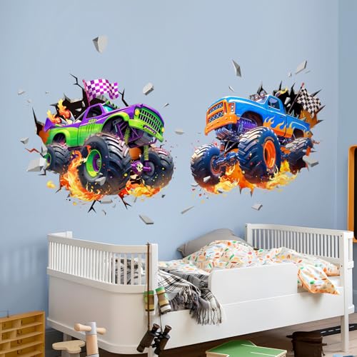 Racing Car Wall Decal - 3D Truck Breakthrough Art for Kids