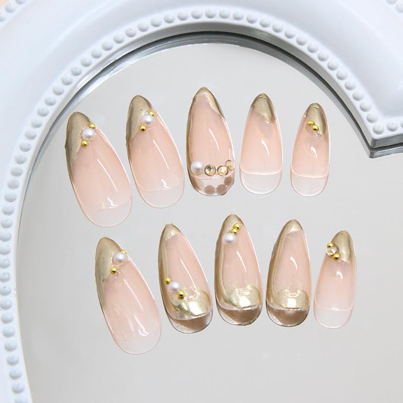 Gold French Tip Press on Nails Medium Almond Fake Nails with Pearls