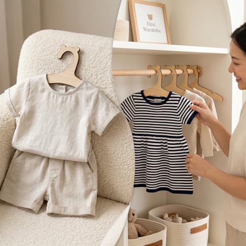 10 Pack Wooden Baby Hangers with Bear Ears - Non-Slip Toddler Clothes Storage