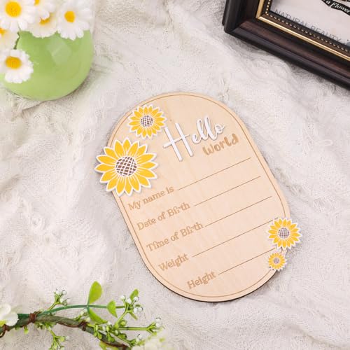 Newborn Announcement Sign with Sunflower Design - 5.9in Wooden Baby Name Board