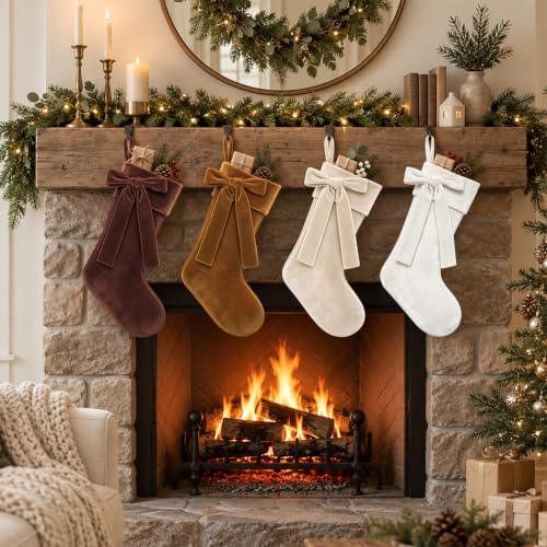 YUJUN 4 Pack 18in Brown Velvet Christmas Stockings Holiday Decor