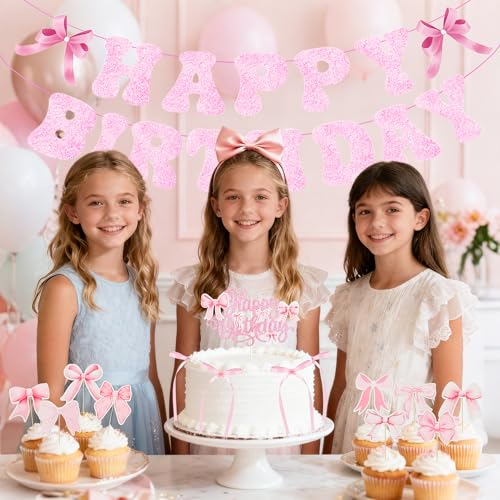 Pink Bow Birthday Decorations Set - 20Pcs Cake & Cupcake Toppers