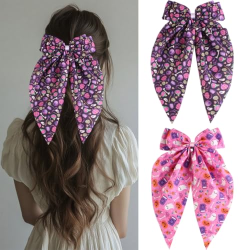 BUNLVDI 2Pcs Halloween Hair Bows Satin Long Tail Clips Pumpkin Ghost