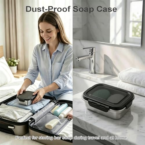 Vonpri Rectangular Stainless Steel Travel Soap Case, Leak-Proof Soapbox