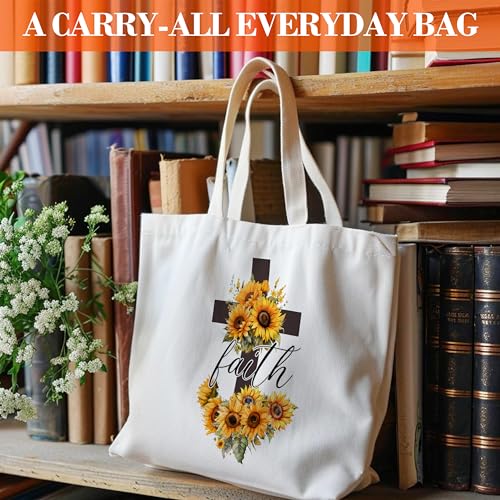 Faith Canvas Tote Bag for Women - Sunflower Design, 16.5"