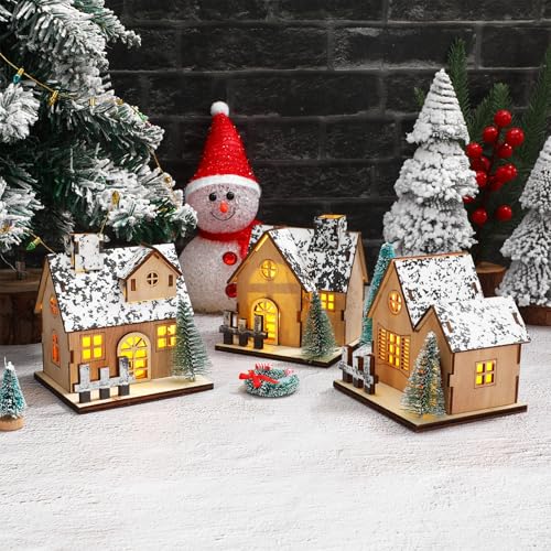 Lighted Christmas Village Houses Set with LED Lights, Wooden Holiday Decor