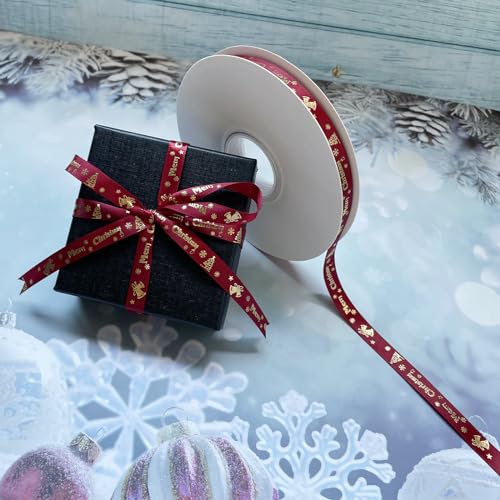 50 Yards Satin Christmas Ribbon with Bells & Snowflakes - Wine Red