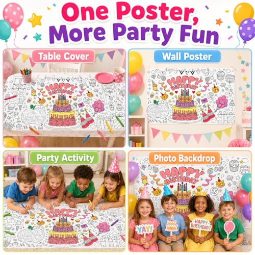 Happy Birthday Giant Coloring Tablecloth - 28x72 Inch Kids Party Poster