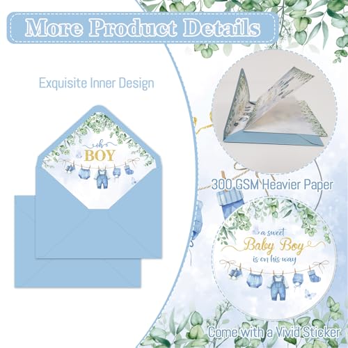 Blue Baby Shower Card for Boy with Envelope & Sticker - 5x7 Inch