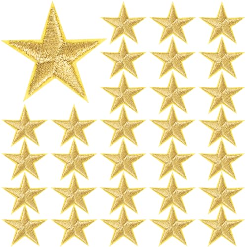 Winsyison 30pcs Gold Iron-On Star Patches 1.15in Embroidered Appliques
