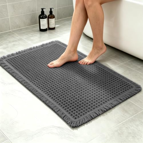 Small Non-Slip Waffle Bath Mat - Quick Dry, Absorbent, Grey (17x24)