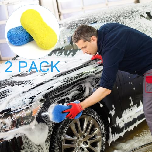 Tanlade 2 Pcs Large Car Wash Sponge Set - Blue & Yellow Microfiber