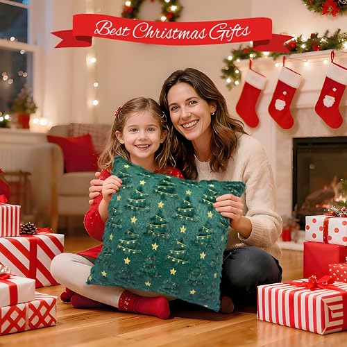 Green Christmas Pillow Covers 18x18 inch Set of 2 - Soft Plush Decor