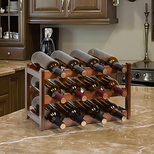 12-Bottle Wood Wine Rack - 3-Tier Free Standing Countertop Wine Storage