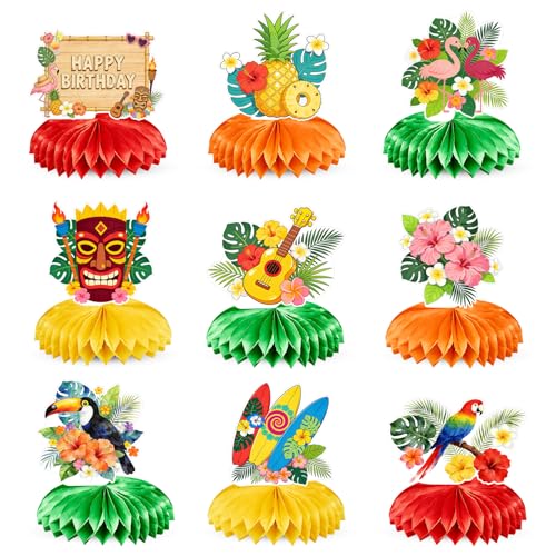 9Pcs Hawaiian Party Table Decorations, Tropical Honeycomb Centerpieces