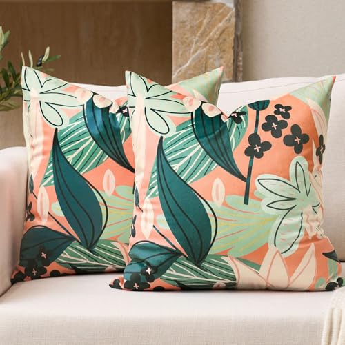 Tyrot Boho Floral Velvet Throw Pillow Covers, 18x18 Coral (Set of 2)