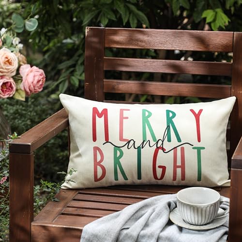 Merry Bright Christmas Pillow Cover 12x20 Holiday Decorative Throw Pillowcase