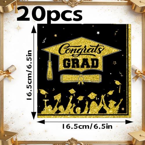 Graduation Napkins Class of 2026 - 20 Pcs Black & Gold Disposable
