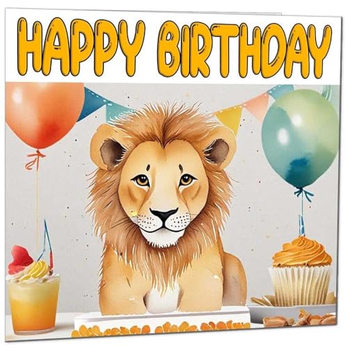 Lion Birthday Card - Cute Greeting Card with Envelope 145x145mm