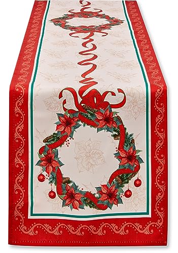 Christmas Table Runner 14 x 72 Poinsettia Ribbon Printed Fabric Holiday Decor - Variation of Christmas Time / 14" x 72"