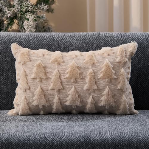 Christmas Tree Pillow Cover 12x20 Inch Beige Plush Faux Fur