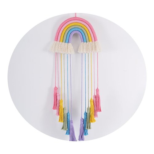 Honcas Rainbow Macrame Wall Hanging - Hand-Woven Cotton Tassel Tapestry Decor for Baby Room, Nursery, and Home Decor (Pink Rainbow)