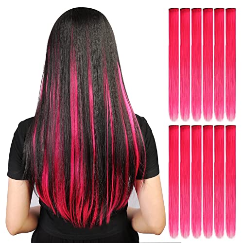 YaFex 22 Inch Clip In Hair Extensions Long Straight Synthetic Hot Pink