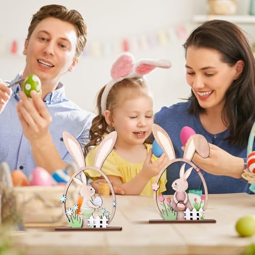 Easter Bunny Desk Ornaments - 2Pc Wooden Floral Decor Set