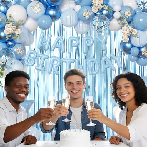 Dusty Blue Birthday Decorations Set for Girls & Women | Balloons & Fringe Curtains