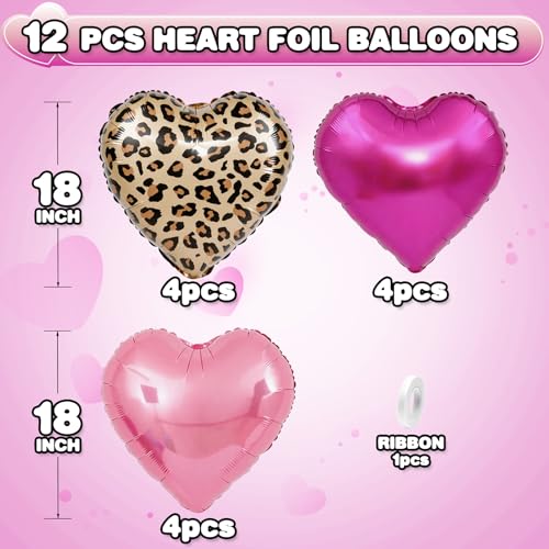 12PCS Hot Pink Leopard Print Heart Balloons - Foil Decorations
