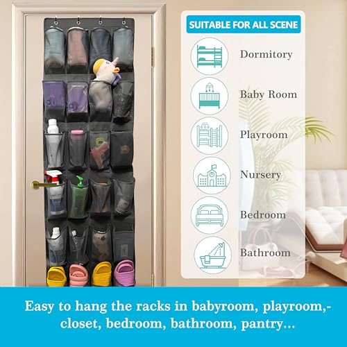 Over The Door Shoe Organizer with 24 Breathable Mesh Pockets - Black