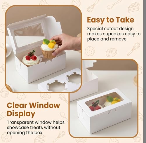 18-Pack 2-Cupcake Boxes with Clear Window, 6.3 x 3.54 x 2.95 Inch White