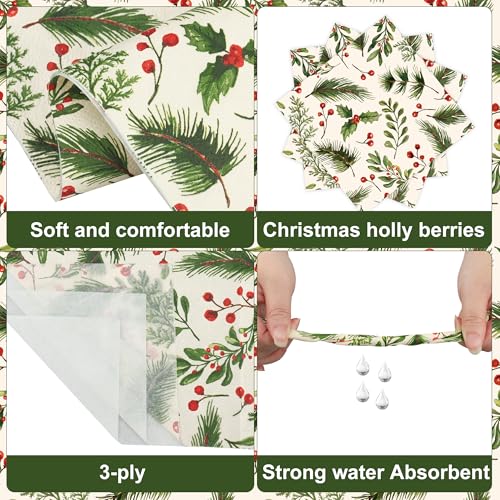 100PCS Christmas Holly Cocktail Napkins 5x5 Inches Disposable Holiday Tableware
