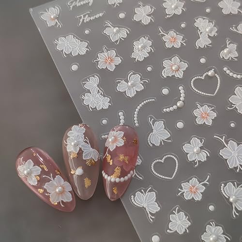 LYLYNB 5D White Flower Nail Stickers Embossed Floral Decals