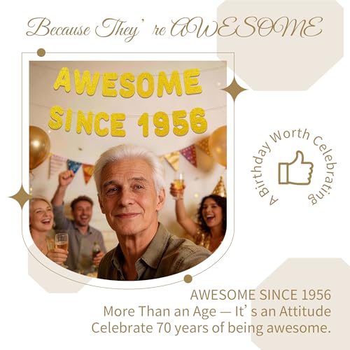 70th Birthday Banner Decorations - Awesome Since 1956, Pre-strung