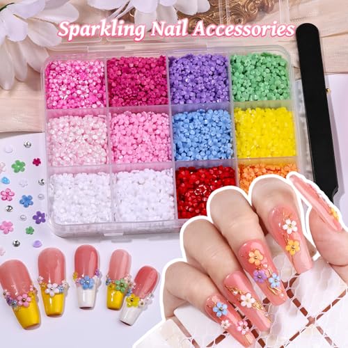 3D Flower Nail Charms Set with Tweezers, Acrylic Blossom Petals & Pearls