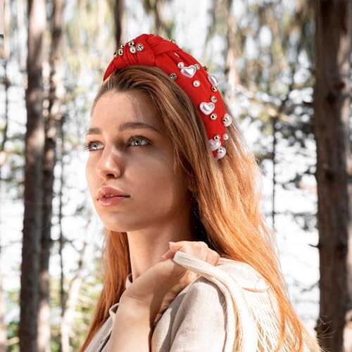 Yonchic Red Crystal Pearl Knotted Headband for Women Rhinestone Hair Band